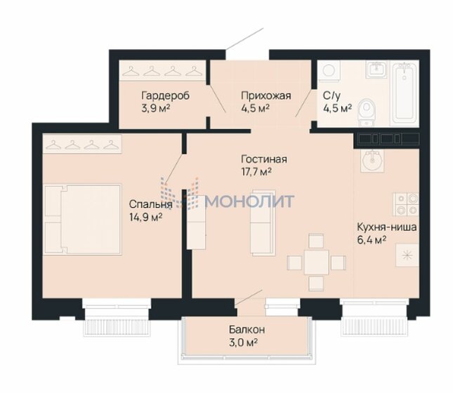 52,8 м², 1-комнатная квартира 13 939 200 ₽ - изображение 1