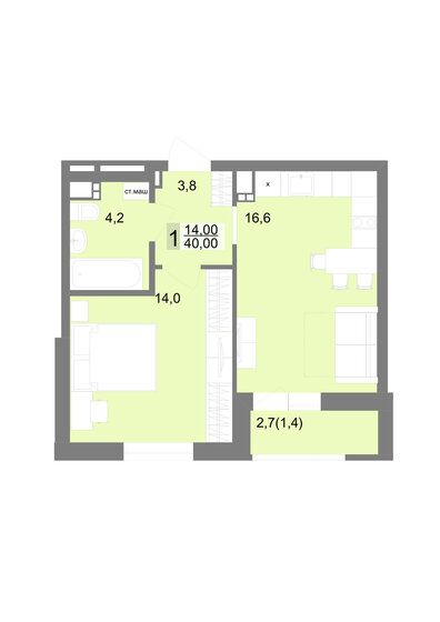 40 м², 1-комнатная квартира 7 200 000 ₽ - изображение 1