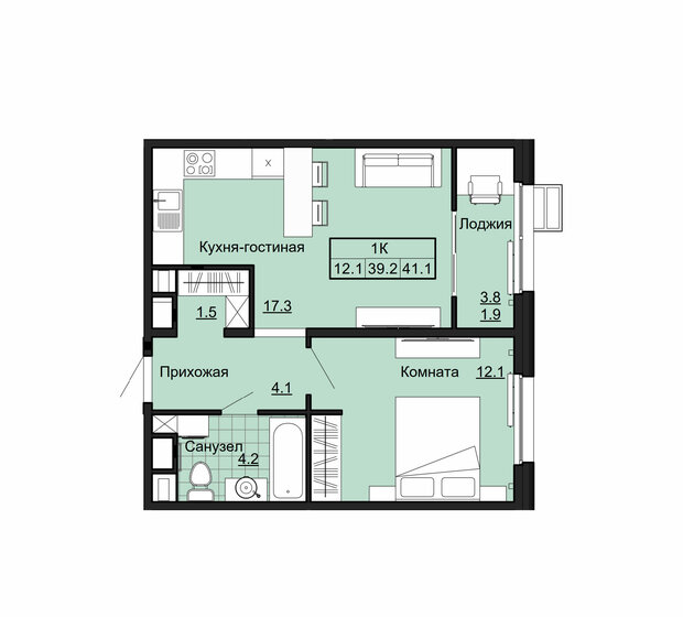 41,1 м², 1-комнатная квартира 3 735 000 ₽ - изображение 1