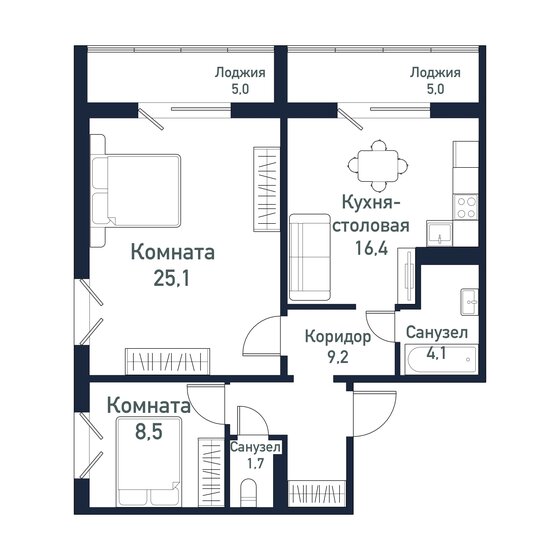 65,2 м², 2-комнатная квартира 8 146 250 ₽ - изображение 1