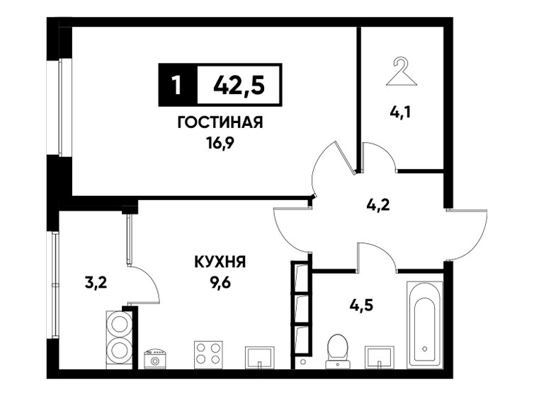 42,5 м², 1-комнатная квартира 4 475 250 ₽ - изображение 1