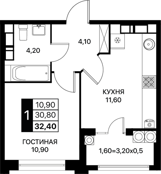 32,4 м², 1-комнатная квартира 4 325 400 ₽ - изображение 1