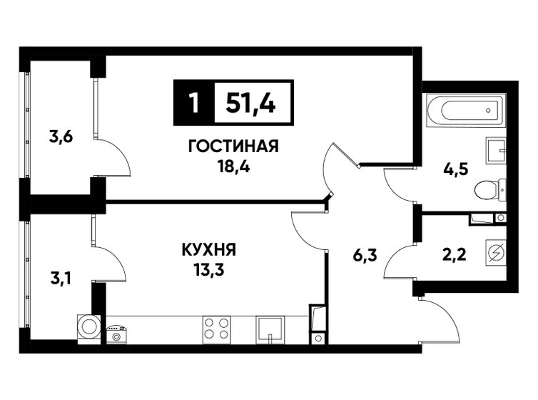 51,4 м², 1-комнатная квартира 5 453 540 ₽ - изображение 1