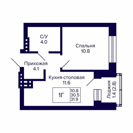 31,9 м², 1-комнатная квартира 4 147 000 ₽ - изображение 1