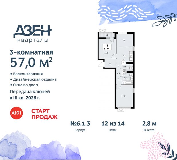 57 м², 3-комнатная квартира 15 462 496 ₽ - изображение 44