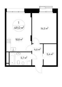 Квартира 49 м², 1-комнатная - изображение 1