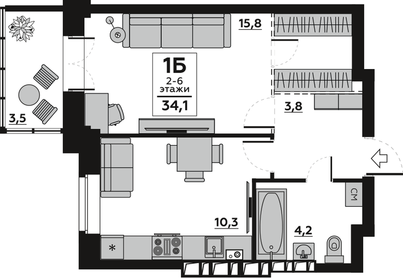 34,2 м², 1-комнатная квартира 4 500 000 ₽ - изображение 1