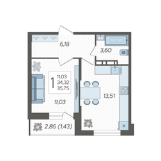 Квартира 35,8 м², 1-комнатная - изображение 3