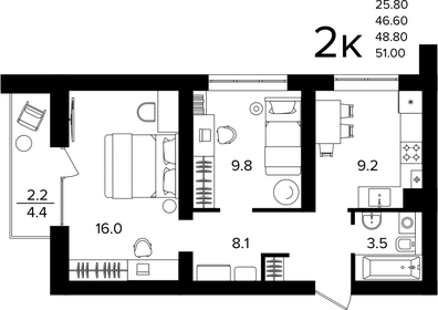 Квартира 48,8 м², 2-комнатная - изображение 1