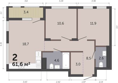 Квартира 61,6 м², 2-комнатная - изображение 1