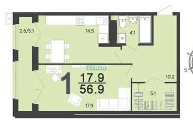 Квартира 56,9 м², 1-комнатная - изображение 1
