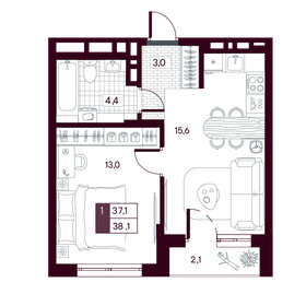 Квартира 38,1 м², 1-комнатная - изображение 1