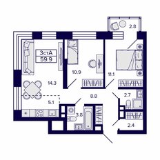 Квартира 59,9 м², 3-комнатная - изображение 2
