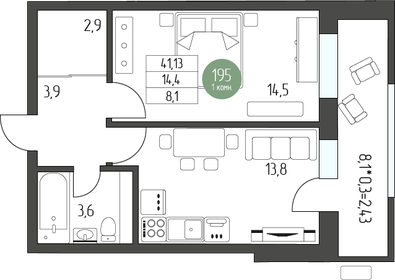 44,4 м², 1-комнатная квартира 6 022 500 ₽ - изображение 40