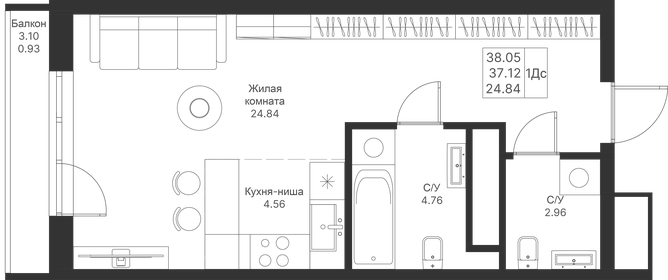 Квартира 38,1 м², студия - изображение 1