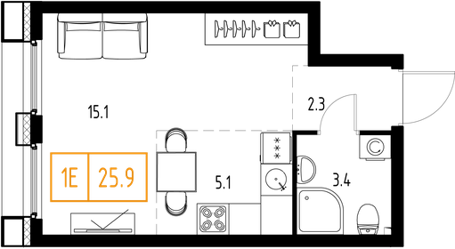 Квартира 25,9 м², 1-комнатная - изображение 2