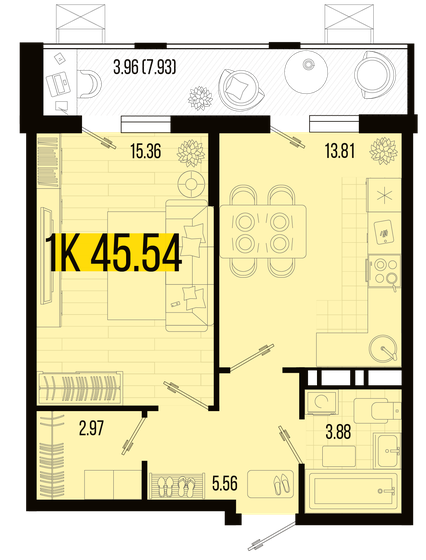 45,5 м², 1-комнатная квартира 6 102 360 ₽ - изображение 1