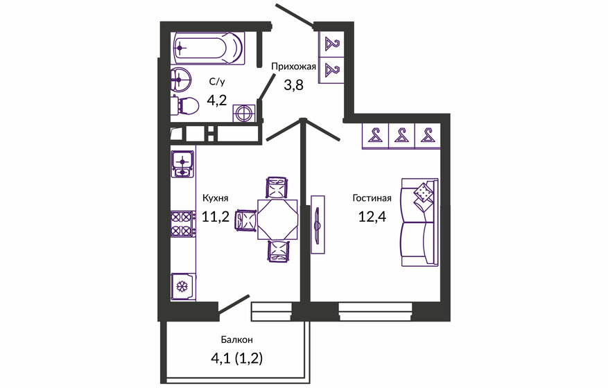 33,1 м², 1-комнатная квартира 6 484 290 ₽ - изображение 1