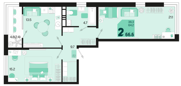 65,8 м², 2-комнатная квартира 8 527 680 ₽ - изображение 13