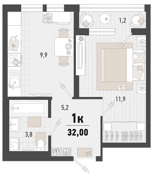 32 м², 1-комнатная квартира 9 069 280 ₽ - изображение 1