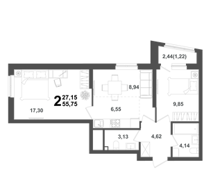 Квартира 55,8 м², 2-комнатная - изображение 1