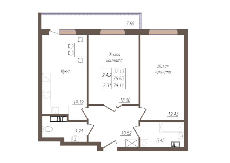 79,1 м², 2-комнатная квартира 6 919 606 ₽ - изображение 1
