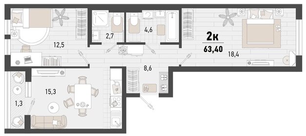 Квартира 63,4 м², 2-комнатная - изображение 1