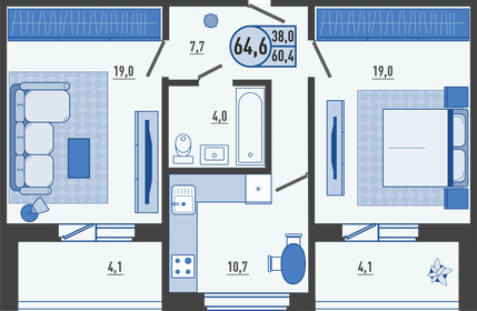 Квартира 64,6 м², 2-комнатная - изображение 1