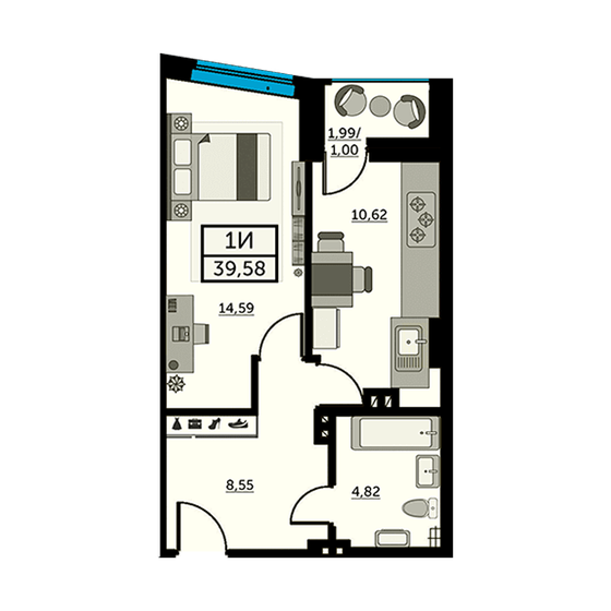 39,4 м², 1-комнатная квартира 7 525 400 ₽ - изображение 1