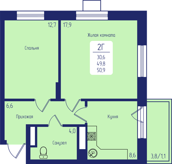 50,9 м², 2-комнатная квартира 8 042 200 ₽ - изображение 1