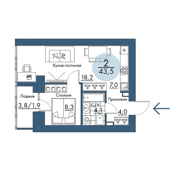 43,5 м², 2-комнатная квартира 7 351 500 ₽ - изображение 1