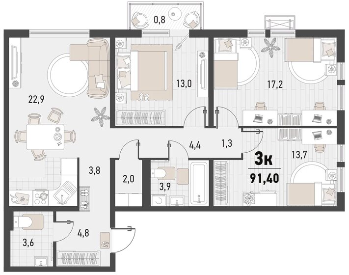 91,4 м², 3-комнатная квартира 24 206 832 ₽ - изображение 1