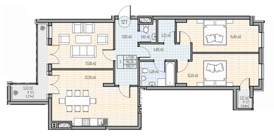 Квартира 99,6 м², 3-комнатная - изображение 1