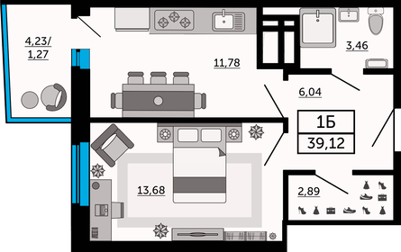 Квартира 39,7 м², 1-комнатная - изображение 1