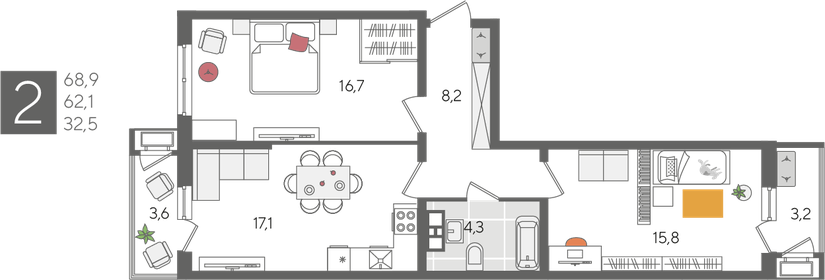 68,9 м², 2-комнатная квартира 12 408 890 ₽ - изображение 16