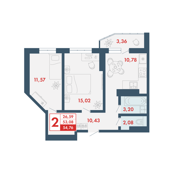 54,8 м², 2-комнатная квартира 4 983 160 ₽ - изображение 1