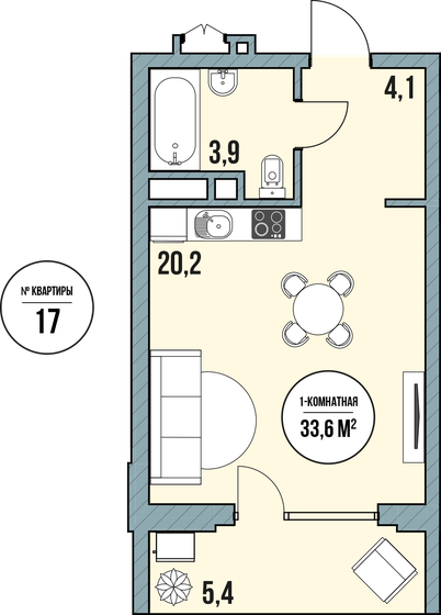 37,4 м², апартаменты-студия 6 854 400 ₽ - изображение 1