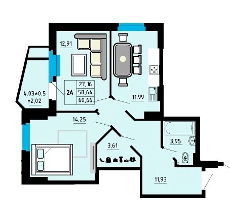 60,7 м², 2-комнатная квартира 8 371 080 ₽ - изображение 1