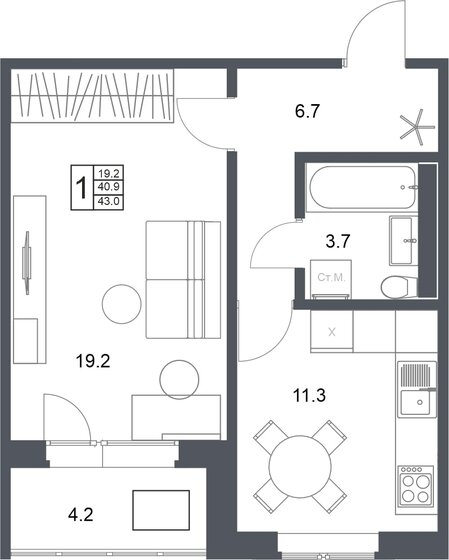 43 м², 1-комнатная квартира 4 119 400 ₽ - изображение 1