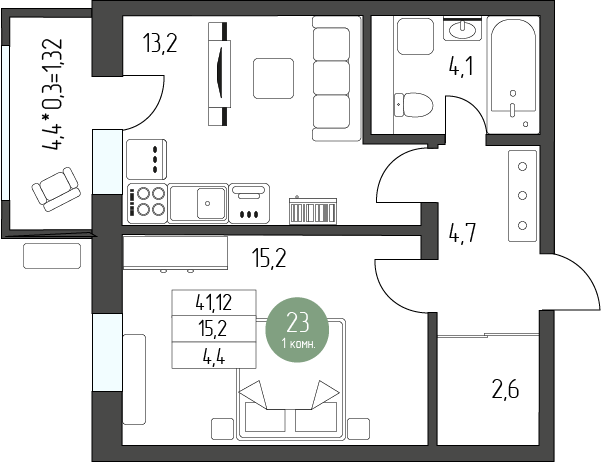 44,2 м², 1-комнатная квартира 5 674 560 ₽ - изображение 1