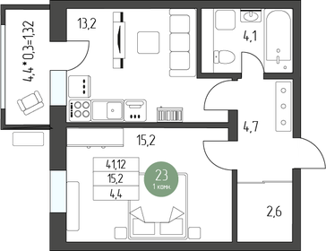 44,3 м², 1-комнатная квартира 6 100 560 ₽ - изображение 37