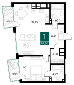 Квартира 67,5 м², 1-комнатная - изображение 1