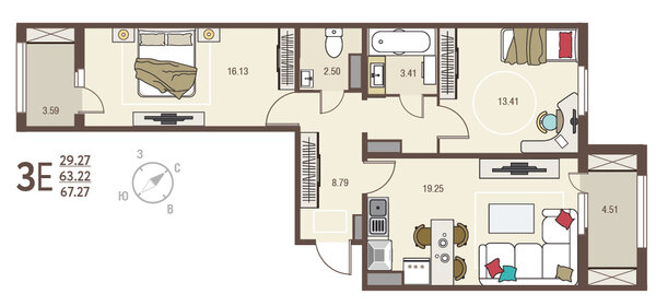 Квартира 67,3 м², 2-комнатная - изображение 1