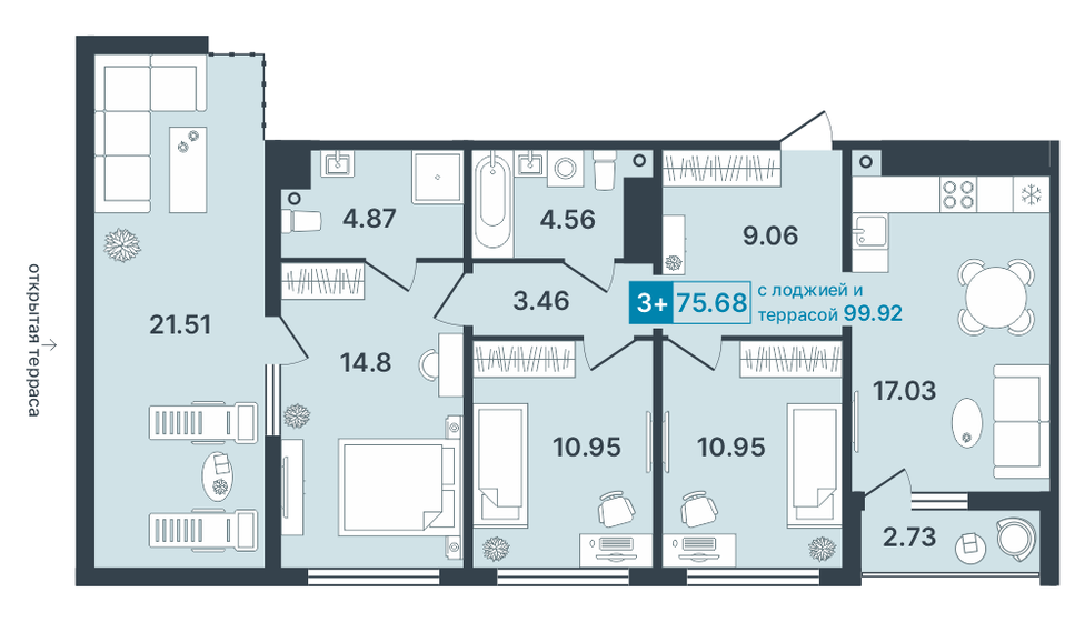 75,7 м², 3-комнатная квартира 14 590 000 ₽ - изображение 1