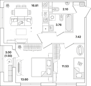 57,1 м², 2-комнатная квартира 13 500 000 ₽ - изображение 50