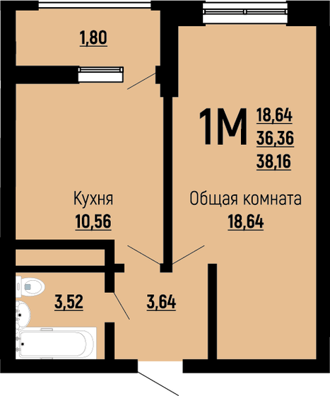 38,2 м², 1-комнатная квартира 5 493 972 ₽ - изображение 1