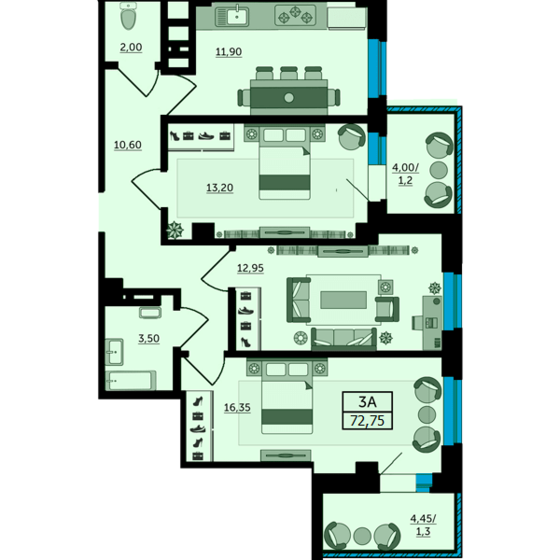 74,2 м², 3-комнатная квартира 9 847 200 ₽ - изображение 1