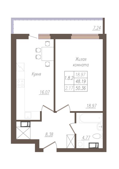 50,4 м², 1-комнатная квартира 4 622 293 ₽ - изображение 1