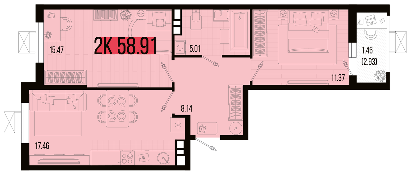 58,9 м², 2-комнатная квартира 6 374 062 ₽ - изображение 1