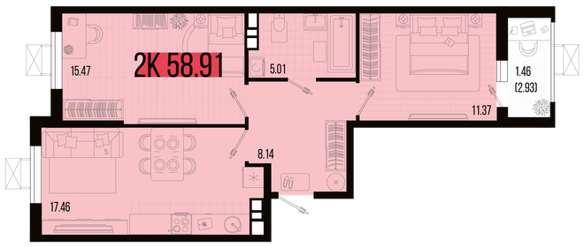 Квартира 58,9 м², 2-комнатная - изображение 1